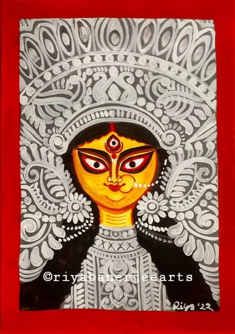 Durga face Durga Face Art, Durga Pujo Paintings, Durga Pujo Drawings, Durga Puja Mandala Art, Durga Maa Paintings Face, Durga Maa Paintings Bengali, Durga Goddess Drawing, Navaratri Drawings, Maa Durga Sketch