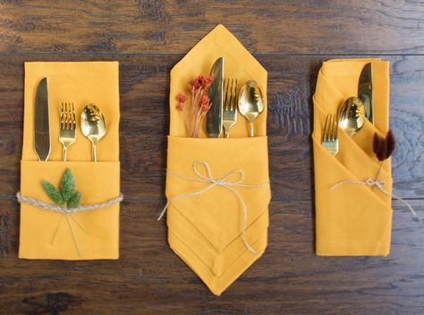 Ways To Fold Napkins, Thanksgiving Napkin Folds, Fancy Napkin Folding, Easy Napkin Folding, Cloth Napkin Folding, Paper Napkin Folding, Creative Napkins, Fall Napkins, Yellow Napkins