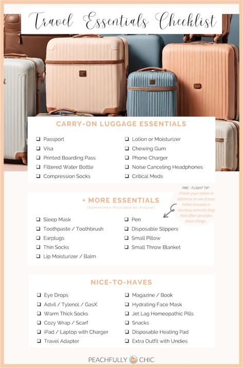 Carry-on Essentials Packing List Travel Carry On Essentials, Luggage Packing List, International Carry On Luggage, Luggage Essentials, Chicago Travel Guide, Carry On Essentials, Packing Essentials List, Travel Life Hacks, Flight Essentials