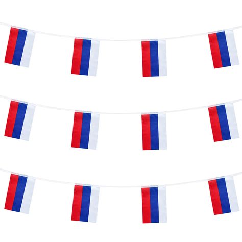 PRICES MAY VARY. [Specification and size]: Each flag size: 8.5 x 5.5 inches (21 x 14 cm), each string of flags 50 feet 38 flags [High quality]: This flag is made of 100% polyester. The surrounding flags are double stitched, which is not easy to fall off. There are ropes on both sides of the flag, which is convenient for operation and use, and easy to hang. [Bright colors]: The national flag has been sublimated, showing clear and vivid colors in the sun. The color on both sides is uniform, bright Russia Flag, Pennant Flags, Russian Flag, Australia Day, Dinner Themes, Flag Sizes, Flag Banner, Party Festival, National Flag