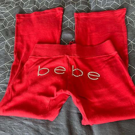 New! With Out Tags Size M Vintage New Without Tags Bebe Red Rhinestone Bootcut Sweatpants “Bebe” Rhinestones On The Butt Soo Flattering Make Ur Butt Look Amazing But Too Small On Me These Are Pretty Much New I Only Tried Them On Y2k Vintage 2000s 2010s 00s Flare Bootcut Low Waisted Cute 2000s Outfits, Bootcut Sweatpants, 2000s Pants, 2000 Clothes, Red Joggers, 2000s Fashion Trends, Red Trousers, 2000s Clothes, 2000s Outfits