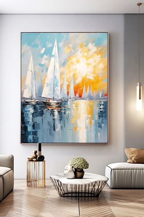 Original handmade oil painting of sailboats at sunset, with white sails against vibrant orange sky reflected in blue water Sailboat Artwork, Sailboat Sunset, Sailboat Painting, Coastal Charm, Sunset Art, Handmade Oil, Coastal Wall Art, Sailboats, Vibrant Orange