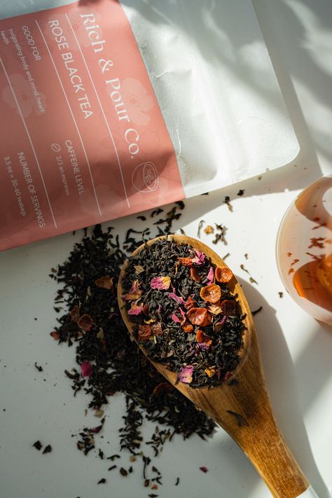 This LIMITED EDITION Black Rose Blend pairs black tea with rose, rosehip and blackberry for a floral and fruity infusion! Hurry, while supplies last! Ingredients: Black Tea, Rosehip Pieces, Rose Petals, Blackberry Leaves, Natural Flavors. Available in 3.5 oz net weight looseleaf in biodegradable rice paper packaging. Herbal Tea Photography, Herbal Business, Rose Blend, Blackberry Leaves, Photography Tea, Tea Aesthetic, Tea Packaging Design, Black Tea Blends, Herbal Tea Blends