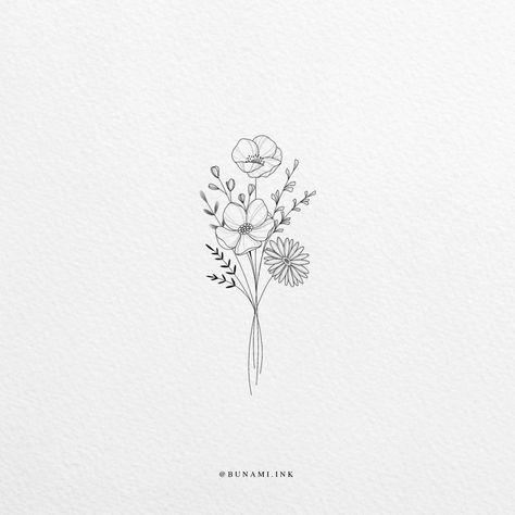 Wild flower bouquet (sold) Small Wild Flowers Tattoo, September Bouquet Tattoo, Minimalist Bouquet Drawing, Minimal Bouquet Tattoo, Small Bouquet Of Flowers Drawing, Sunflower And Violet Tattoo, July Flower Bouquet Tattoo, Small Flower Boquettes Tattoos, Fine Line Bunch Of Flowers Tattoo