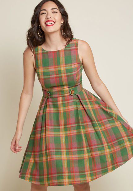 Something Sixties Cotton-Linen Dress in Plaid Short Frocks For Women, Short Frocks, Design Kurta, Casual Frocks, Simple Frocks, Cotton Frocks, Frock Fashion, Frock Patterns, Frock For Women