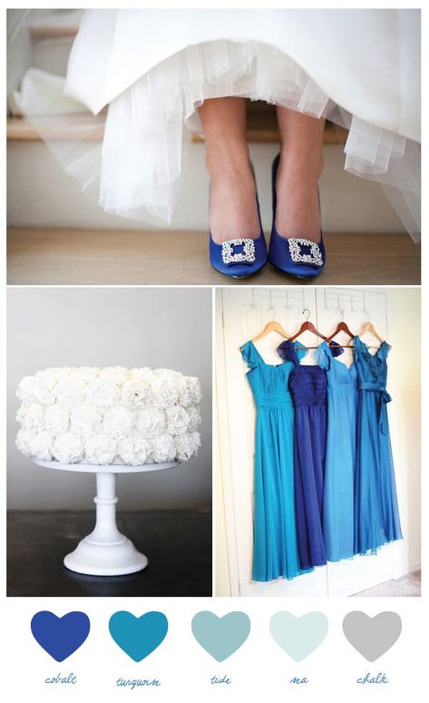 Ombre Wedding Cake Blue, Blue Wedding Palette, Palette Colour Schemes, Cobalt Blue Wedding, Cobalt Blue Weddings, Blue Wedding Theme, Wedding Cake Ombre, Gold Bridesmaid Dresses, Gold Bridesmaids