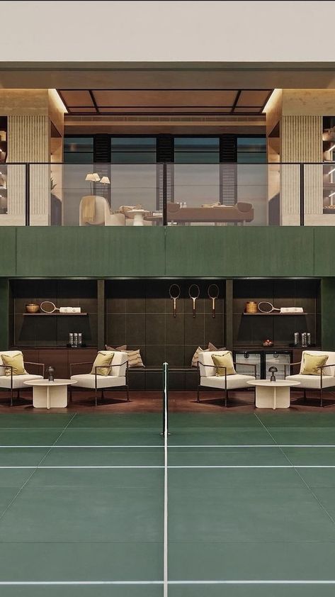 Luxury Country Club, Squash Court Interior, Private Tennis Court Luxury, Padel Courts Design, Tennis Club Interior Design, Indoor Pickleball Court Home, Pickleball Court Aesthetic, Pickleball Court Design, Badminton Court Design