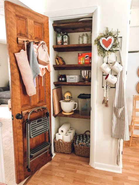 Broom Closet Pantry Organization, Pantry Linen Closet Combo, Small Coat Closet Into Pantry, Closet Turned Pantry Storage, Small Coat Closet Turned Pantry, Small Hallway Pantry, Utility Closet To Pantry, Small Closet Food Pantry Ideas, Closet Into Pantry Diy