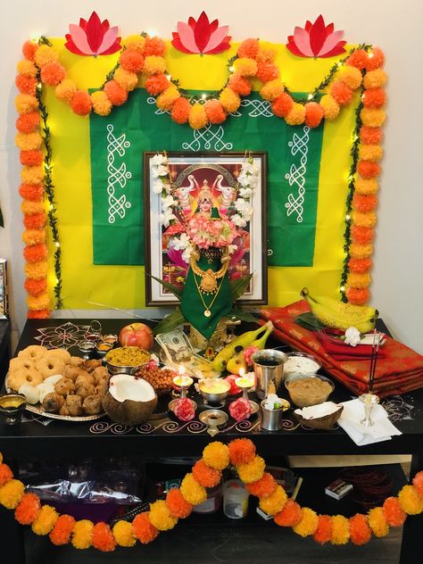 Diwali Puja Setup, Simple Pooja Backdrop Ideas, Rangoli Backdrop Decoration, Simple Puja Decoration At Home, Varalaxmi Vratham Decoration, Varalakshmi Vratam Decoration, Vaibhav Lakshmi Pooja Decoration, Backdrop Painting Ideas, Haritalika Pooja Decoration