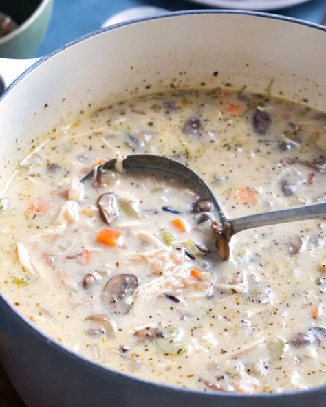 Creamy Wild Rice Soup With Rotisserie Chicken, Creamy Chicken Mushroom Wild Rice Soup, Creamy Chicken Wild Rice Soup Stovetop, Chicken Wild Rice Mushroom Soup, Soup In Dutch Oven, Soup Dutch Oven, Wild Rice Soup Crockpot, Copycat Zuppa, Soup Sunday