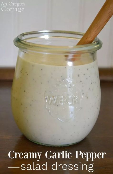 Made with olive oil, Greek yogurt, fresh garlic, and spices, this healthy homemade creamy garlic pepper salad dressing recipe puts store bought to shame. Plus, it's so easy it's ready in 5 minutes! #salad #dressing Creamy Salad Dressing Recipes, Creamy Greek Salad Dressing, Pepper Dressing, Garlic Salad Dressing, Easy Homemade Salad Dressing, Creamy Salad, Pepper Salad, Creamy Salad Dressing, Salad Dressing Recipe