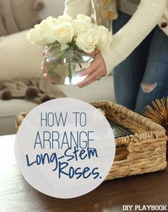 Fresh flowers are our favorite! Here's how to arrange long-stem roses in a small bowl. Makes for a lovely bouquet of blooms! Fresh Roses In A Vase, How To Make Rose Arrangements, How To Make Small Flower Arrangements, Small Rose Arrangements, Diy Rose Arrangement, Simple Rose Arrangements Diy, Rose Bowl Arrangements, Rose Bowl Centerpiece, Rose Arrangements Diy