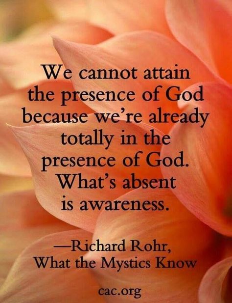 Richard Rohr - "We cannot attain the presence of God because we're already totally in the presence of God. What's absent is awareness." Richard Rohr Quotes, Richard Rohr, Centering Prayer, Contemplative Prayer, The Presence Of God, Presence Of God, Spiritual Formation, Soli Deo Gloria, Spiritual Wisdom