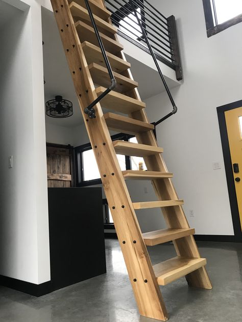 Industrial ladder, loft ladder, gas pipe ladders Loft Ladder Ideas, Ship Ladder, Space Saving Staircase, Loft Railing, Ladder Ideas, Loft Staircase, Ladder Stairs, Stair Ladder, Asma Kat