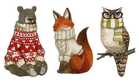 Cats In Sweaters Drawing, Animal In Sweater Drawing, Cute Winter Animals Illustration, Animals In Sweaters Illustration, Christmas Bear Illustration, Animals In Sweaters, Sweater Illustration, Xmas Animals, Festive Packaging