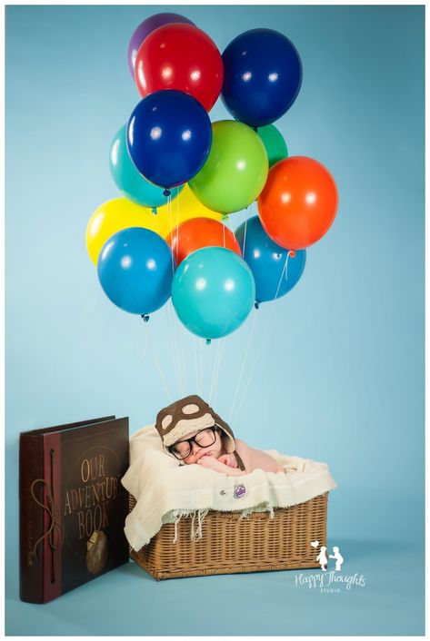 Pixar Up Photoshoot, Up Newborn Pictures, Newborn Disney Photoshoot, Up Baby Photoshoot, Toy Story Newborn Pictures, Disney Newborn Photography, Up Movie Baby Shower Theme, Disney Newborn Pictures, Up Nursery Theme