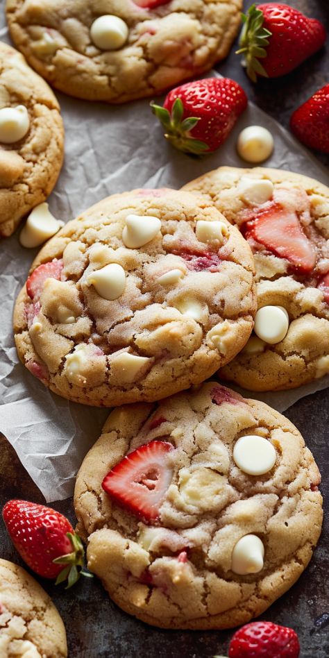 White Chocolate Chip Valentine Cookies, Strawberry Cookies With White Chocolate, How To Make Strawberry Cookies, Strawberry White Chocolate Chip Cookies Recipe, Cookie Recipes With White Chocolate Chip, Strawberry And White Chocolate Cookies, White Chocolate Strawberry Cookies, Valentine Chocolate Chip Cookies, Strawberry Cookies Recipes