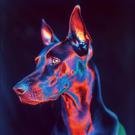 Today's Midjourney Experiment. Prompts: Doberman Pinscher, solarization effect, neon hallucinations, extreme close-up, chromatic aberration, cross processing, electric color schemes --stylize 200 --v 6 Newsletter Inspiration, Extreme Close Up, Doberman Pinscher, Chromatic Aberration, Live Events, Doberman, Design Process, Close Up, Color Schemes