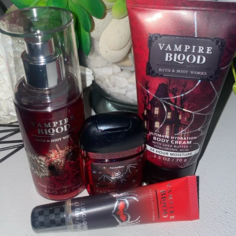 Bath And Bodyworks Travel Size Combo Vampire Blood Body Spray Body Cream Hand Sanitizer Lip Gloss Bath And Bodyworks Fragrance, Bath And Body Works Perfume Combo, Perfume Aesthetic Bath And Body Works, Vampire Blood Perfume, Bath And Body Works Vampire Blood, Scent Combos, Vampire Blood, Bath Care, Bath N Body Works