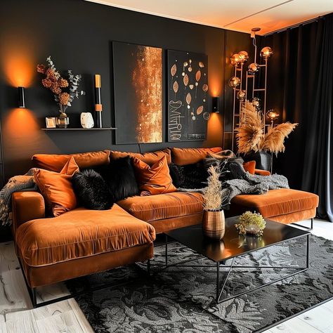 Black Living Room Paint, Black And Rust Living Room, Burnt Orange Living Room Decor, Rust Living Room, African Decor Living Room, Burnt Orange Living Room, Living Rooms Ideas, Gold Living Room, Living Room Orange