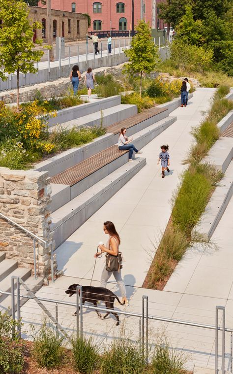 Minneapolis’ newest park is like a front porch on the Mississippi River Ramps Architecture, Landscape Stairs, Ramp Design, Plaza Design, مركز ثقافي, Linear Park, Park Landscape, Outdoor Stairs, Landscape Concept