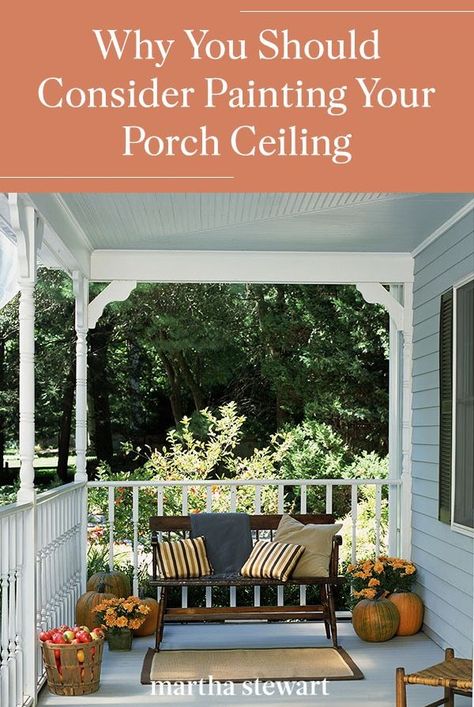 This is why you should consider painting your porch ceiling—and why so many people in the South paint their porch ceilings blue. Diy Front Porch Seating, Front Porch Wood Ceiling Diy, Extend Porch Ideas, Front Porch Makeover Before After, Front Porch Wood Ceiling, Diy Covered Porch, Small Front Porch Remodel, Wood Ceiling Porch, Front Porch Wood Columns