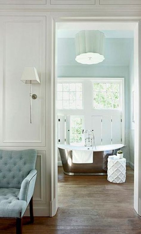 Yes, please, I'll take that soaking tub. Tub In Front Of Shower Wall, Blue Tufted Sofa, Blue Bathrooms Designs, White Shutters, Spa Like Bathroom, Transitional Bathroom, Freestanding Tub, Pedestal Sink, Atlanta Homes