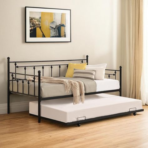 PRICES MAY VARY. Twin Daybed: The outer dimension of the twin daybed with trundle is 77.5" (L) x 41.3" (W) x 41.6" (H), with a height of 16.3" from the floor for under-bed storage space. Simple and classic appearance seamlessly blend with the style of just about any room. It can be used as both a bed and seating area, perfect for unexpected sleepover guests. Space-Saving: Maximize your space with our twin trundle daybed featuring a smooth sliding pop up trundle. This twin trundle daybed frame is Pop Up Trundle Bed, Trundle Daybed, Platform Daybed, Bed For Living Room, Metal Daybed With Trundle, Pop Up Trundle, Daybed Frame, Sofa Bed Frame, Twin Daybed With Trundle