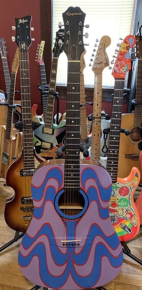 Psychedelic Epiphone acoustic guitar hand painted 60's 67 design | eBay Cool Acoustic Guitar Designs, Art On Guitar, Custom Guitars Acoustic, Painted Guitar Acoustic, Guitar Painting Ideas, Painted Acoustic Guitar, Guitar Art Diy, Guitar Paintings, Acoustic Guitar Design