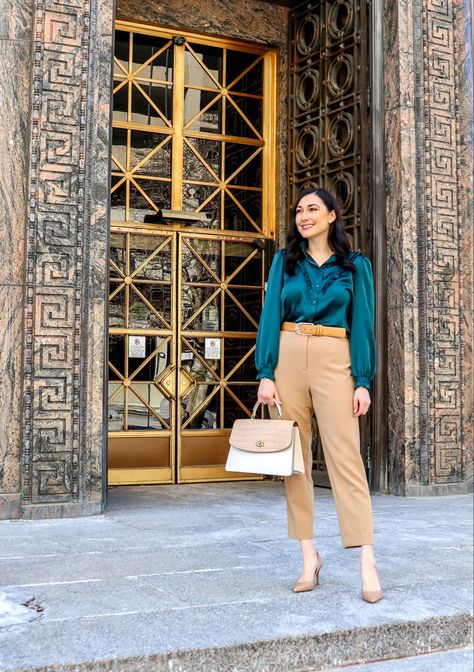 Brown And Aqua Outfit, Teal Work Outfit, Teal Blouse Outfit, Courdory Shirt Outfit, Teal Jacket Outfit, Outfits With Tan Pants, Teal Shirt Outfits, Teal Shirt Outfit, Teal Sweater Outfit