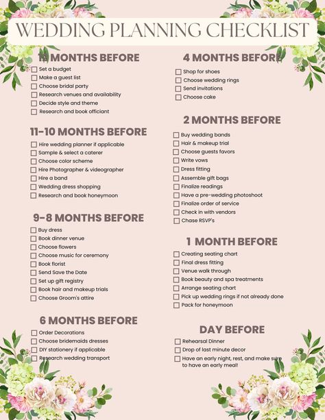 - Overall wedding planning timeline for engaged couples - Gives an idea of where to start and when - Maximize wedding process - Keep track of wedding prep - Achieve feeling of accomplishment each month - Increases and promotes organization - Month-by-month checklist timeline up to the grand Wedding Day! This is a digital download. Nothing will be mailed to you. Print color may vary from actual photo. Purchase includes ONE downloaded file. Feel free to reach out with any questions or concerns! Wedding Planning Timeline 12 Months, Planning Wedding Checklist, Engagement Timeline, Month Planning, Wedding Planner Checklist, Checklist Wedding, Wedding Planning Timeline, Planning Wedding, Wedding Gift Bags