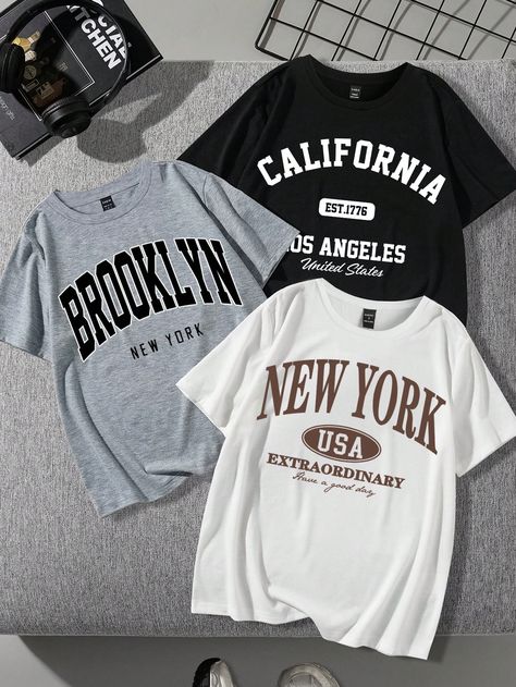 Plus Size 3pcs Black/White/Gray "New York" Text Print Casual Fitted Short Sleeve Crew Neck T-Shirts, Summer Multicolor Casual    Letter  Slight Stretch  Women Plus Clothing, size features are:Bust: ,Length: ,Sleeve Length: Brooklyn Shirt, New York Brooklyn, Friend Lyrics, Casual Athletic, T Shirt Oversized, Brooklyn New York, Cute Simple Outfits, Kids Sleepwear, Casual Sets