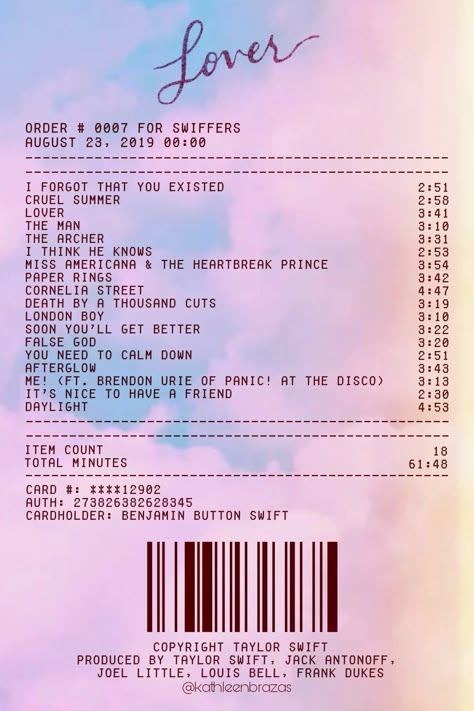 album receipt of lover by taylor swift Lover Taylor Swift Song List, Lover Taylor Swift All Songs, The More Lover Chapter Taylor Swift, All Albums Of Taylor Swift, Lover Tracklist Taylor Swift, Lover Print Taylor Swift, Lover Taylor Swift Receipt, Taylor Swift Lover Receipt, Lover Album Receipt