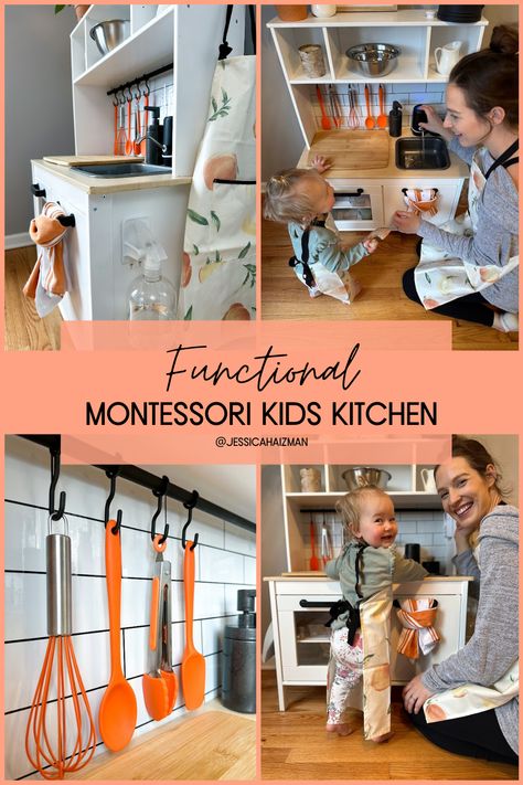 Montessori Kitchen Activities, Montessori Self Serve Station, Ikea Play Kitchen Montessori, Play Kitchen Montessori, Ikea Kitchen Hack Kids Montessori, Functioning Play Kitchen, Montessori Play Kitchen Diy, Montessori Ikea Kitchen Hack, Duktig Kitchen Hack Montessori