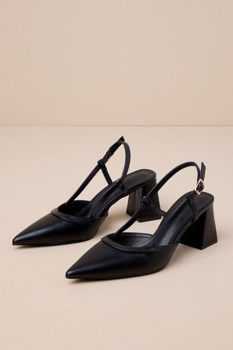 Sadia Black Pointed-Toe Slingback Pumps Black Low Heels Shoes, Flight Attendant Heels, Black Slingback Pumps, Slingback Low Heels, Block Heeled Sandals, Black Short Heels Closed Toe, Short Black Heels Closed Toe, Comfortable Formal Shoes, Work Sandals Business Casual