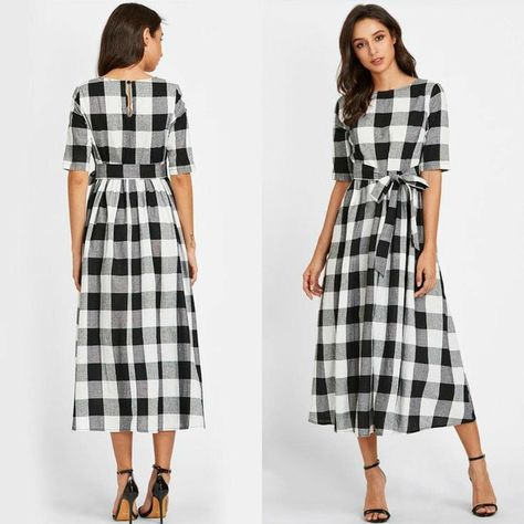 Western Dresses For Women Casual, Casual Frocks For Women, Frocks For Women Knee Length, Frocks Designs For Women, Printed Long Frocks, Checkered Dress Outfit, Women Western Outfits, Frocks For Women, Indo Western Dresses For Women