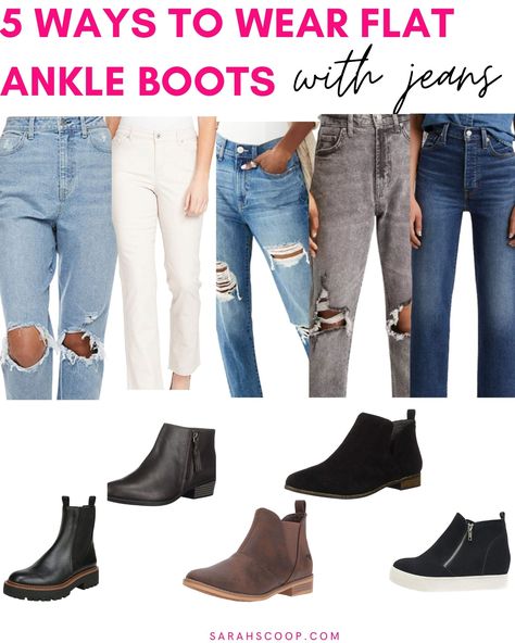 Outfits With Ankle Socks, What Pants To Wear With Ankle Boots, Ankle Boots With Bootcut Jeans, Styling Black Ankle Boots, Flat Ankle Boots Outfit For Women, Short Ankle Boots Outfit, Boots With Ankle Jeans, Flat Boots Outfit Ankle, Low Boots Outfit How To Wear