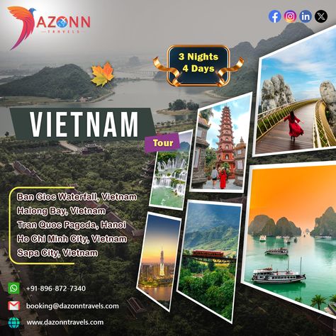 Discover the beauty of Vietnam with our 3-night, 4-day tour package! 🌴✨ Explore vibrant cities, stunning landscapes, and rich culture. Book now and create unforgettable memories! 🏞️ #VietnamAdventure #TravelGoals #ExploreVietnam #DazonnTravels Vietnam Tour, Halong Bay Vietnam, Vietnam Tours, Stunning Landscapes, Halong Bay, Unforgettable Memories, Travel Goals, Tour Packages, Day Tours