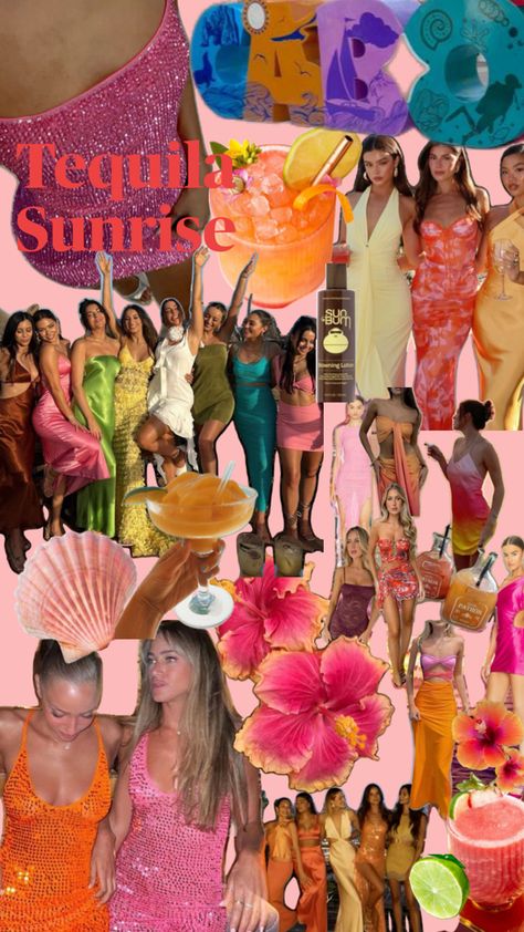 Neon Group Outfits, Tequila Sunrise Birthday Theme, Cabo Birthday Party Ideas, Tequila Sunrise Theme Party, Amalfi Coast Theme Party Outfit, Tropical Theme Outfit, Miami Themed Party, Sunset Themed Party, Tequila Sunrise Theme