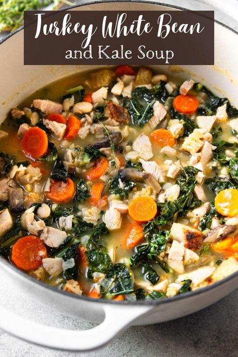 Indulge in the robust flavors of this thick, hearty and filled with veggie goodness Turkey White Bean and Kale Soup. The ideal way to repurpose your turkey leftovers. Fresh Veggie Recipes, Bean Kale Soup, White Bean And Kale Soup, White Bean Kale, Bean And Kale Soup, White Bean And Kale, White Bean Kale Soup, Ground Turkey Soup, Leftover Turkey Soup