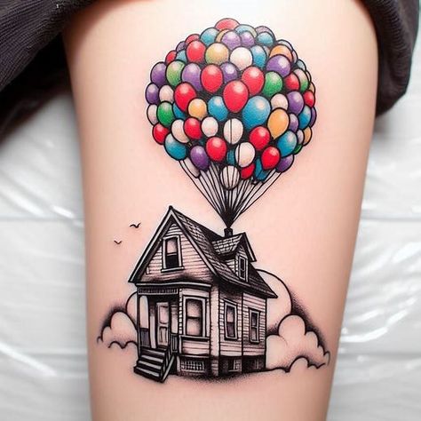 Up Disney Up Tattoo Ideas, Up House Tattoo, Up Tattoo Disney, Pixar Tattoo Ideas, Pixar Tattoos, Tatuagem Masculina Pequena, Disney Up, Up Tattoo, Disney Art Drawings