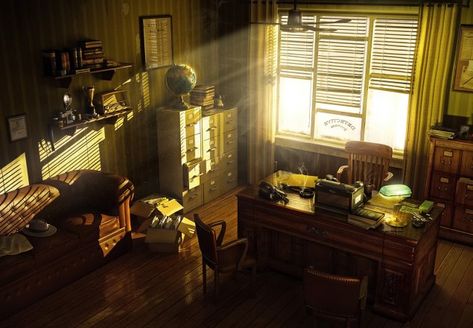 Tyrell Detective Agency  audio atmosphere Redlight District, Noir Detective, Detective Aesthetic, Mid Century Modern Office, Graphics Game, Scenery Background, Detective Agency, Architectural Visualization, House Room