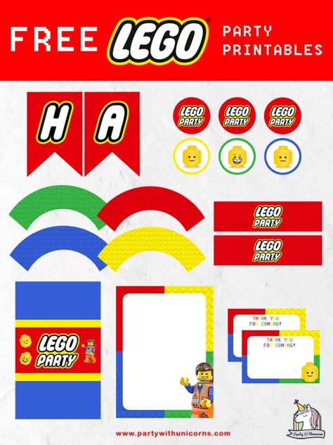 Lego Water Bottle Labels Free, Lego Bingo Printable, Lego Birthday Party Invitations Free, Lego Birthday Banner Printable Free, Lego Birthday Printables, Lego Birthday Table, Lego Party Banner, Lego Birthday Party Decorations, Lego Cupcake Toppers