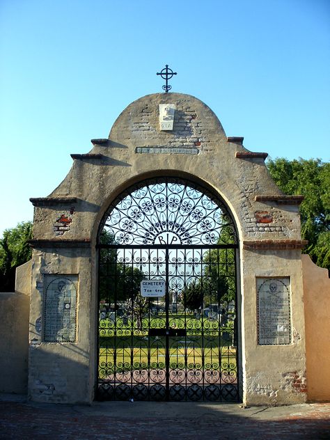 Beautiful gates to the Cemetery at San Gabriel Arcángel, California San Gabriel Mission, Beautiful Gates, Alta California, Old Cemetery, Gate Entrance, Spanish Mission, Mexican Hacienda, California Missions, Juan Diego