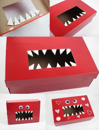 Davis would on this like white on rice! Craftibilities: {{MONSTER}} Valentine's Day Box - School-Classroom IDEA! Free printable tags! Box For Cards, Diy Valentines Box, Valentine Boxes For School, Kids Valentine Boxes, Valentine Card Box, Monster Valentines, Diy Monsters, Valentine Mailbox, Valentine Day Boxes