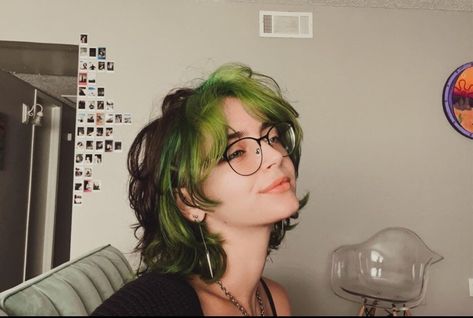 Green hair, short haircut, hairstyle, shag Hairline Dyed Hair, Dip Dye Shag Hair, Mid Length Dyed Hair, Short Wolfcut/shag, Green Multicolor Hair, Peekaboo Layered Hair, Dark Green Brown Hair, Brown Hair With Green Money Piece, Green And Brunette Hair