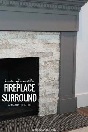 DIY fireplace makeover: How to remove a tile fireplace surround and install a faux stone Airstone fireplace surround as part of a complete mantel update and renovation #remodelaholic Diy Fireplace Ideas, Mantel Update, Tile Fireplace Surround, Tile Around Fireplace, Diy Stone Fireplace, Airstone Fireplace, Faux Stone Fireplaces, Stone Fireplace Makeover, Fireplace Redo