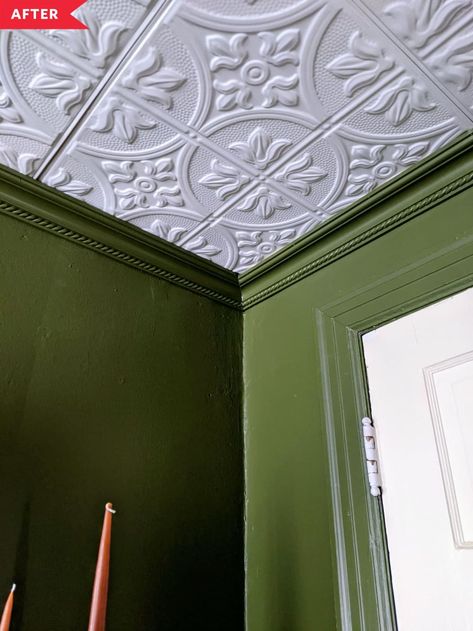 For Ceiling Ideas, Tin Tile Ceiling, Wallpaper For Ceiling, Modern Victorian Design, Modern Victorian Bedroom, Ceiling Tiles Bathroom, Dark Green Bedroom, Tiles Bedroom, Plain Bedroom