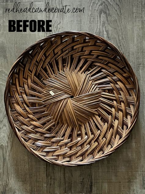 Basket Wall Corner, Flat Round Basket Decor Ideas, Decorating With Wall Baskets, Wall Basket Arrangements, Wall Basket Collage, Shallow Basket Decor, How To Decorate With Wall Baskets, Thrift Store Basket Makeover, Decorating With Baskets On Shelves