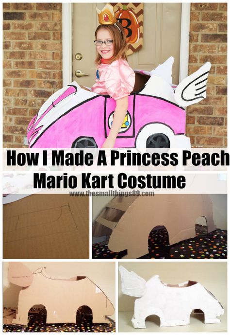 Princess Peach Box Car, How To Make A Mario Kart Car, Mario Kart Cars Diy, Mario Kart Parade Float, Princess Peach Mario Kart Costume, Princess Peach Cardboard Car, Mario Cart Halloween Costume, Mario Kart Banana Peel Diy, Diy Mario Kart Car